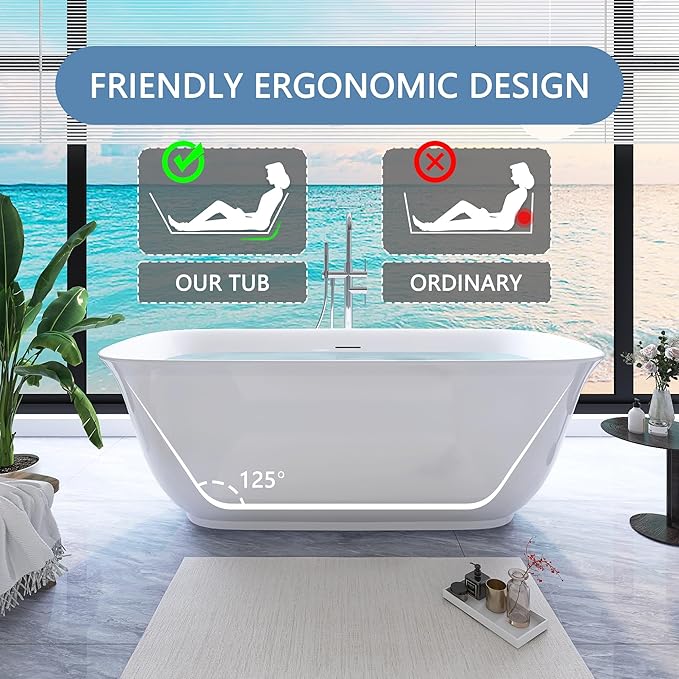 67" Free Standing Tub, Pure Acrylic Freestanding Bathtub, Stylish Stand Alone Contemporary Deep Soaking Bath Tub, cUPC Certified SY6270 (Glossy White)