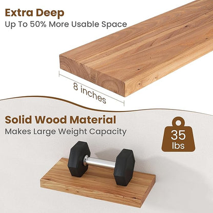 Floating Shelves for Wall Decor, 8" Deep Rustic Solid Elm Wood Floating Shelves Wall Mounted, Wall Shelves with Invisible Bracket for Living Room Bathroom Bedroom Kitchen, 16 Inch Set of 2, Natural