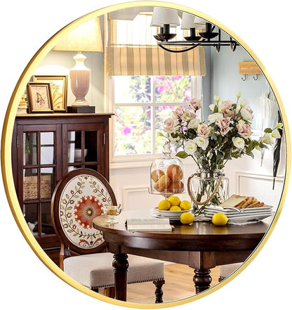 24 Inch Round Mirror - Circle Mirrors for Bathroom, Entryway and Living Room Wall Decor, Modern Hanging Vanity Mirror, Matte Gold Circle Decorative Wall Mirror