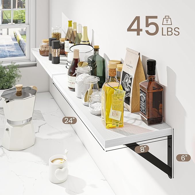 Dreamland Wall Shelves Long, 24W x 8D Wall Mounted Shelves Set of 2, Wide Display Ledge Shelf with Sturdy Metal Brackets for Living Room, Bathroom, Bedroom and Kitchen, White