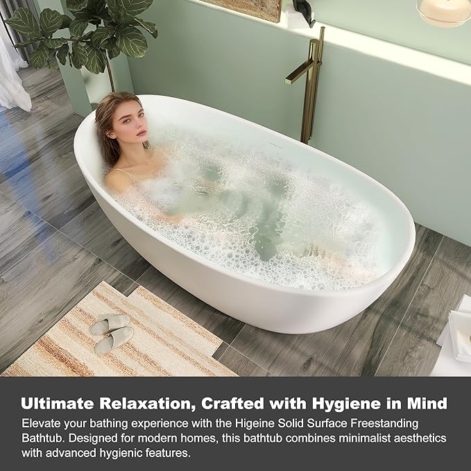 73" Premium Solid Surface Freestanding Bathtub, Contemporary Design Stand Alone Stone Resin Tub with Overflow and Pop-up Drain, Matte White