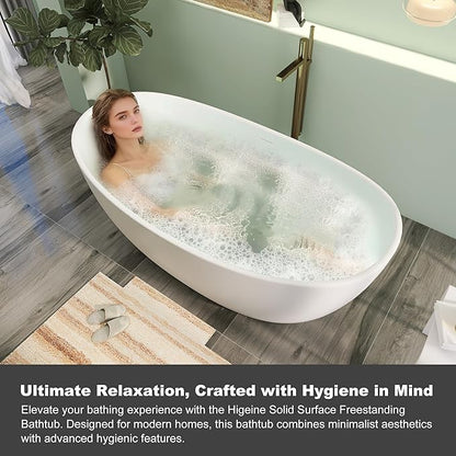 55" Premium Solid Surface Freestanding Bathtubs, Contemporary Design Stand Alone Stone Resin Tub with Overflow and Pop-up Drain, Matte White