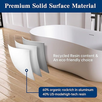 67 Inch Stone Resin Freestanding Bathtub, Contemporary Peanut Oval Stand Alone Soaking Tubs, Solid Surface Bathtub with Drain & Integrated Slotted Overflow Matte White AM331-1700