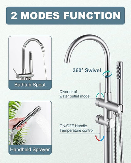 Freestanding Bathtub Faucet Brushed Nickel, Floor Mount Tub Filler, High Flow Brass Shower Faucets with Handheld Sprayer for Bathroom