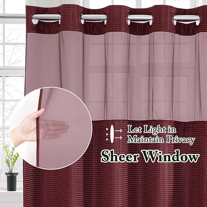 Gibelle No Hook Waffle Weave Shower Curtain with Snap-in Fabric Liner Set for Bathroom, Hotel Style with Mesh Top Window, Waterproof & Washable, Burgundy, 72x74