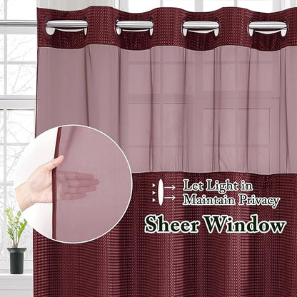 Gibelle No Hook Waffle Weave Shower Curtain with Snap-in Fabric Liner Set for Bathroom, Hotel Style with Mesh Top Window, Waterproof & Washable, Burgundy, 72x74