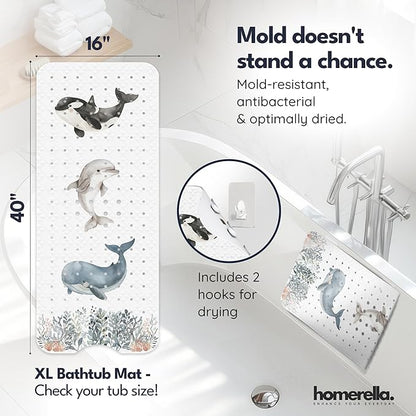 Homerella Baby Bath Tub Mat | Anti Mold Mildew Resistant Non Slip Kids and Adult Bath Tub Shower Mats | 40x16 inch Long with Suction Cups for Secure Grip Hooks for Storage & Drying | Machine Washable