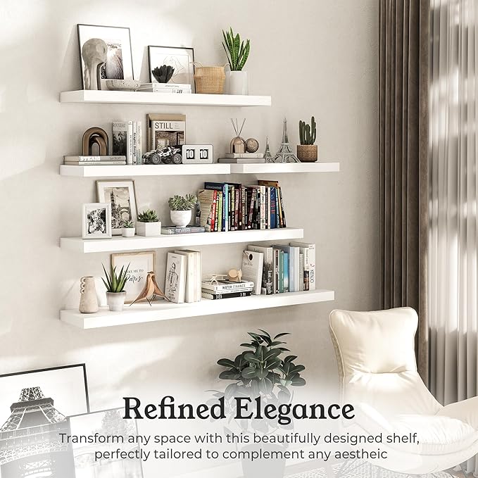 Floating Shelves for Wall, 9.3" Deep Wall Mounted Wood Shelves for Bathroom, Bedroom, Living Room, Kitchen, Hanging Shelf for Books/Storage/Room Decor (White, 36")