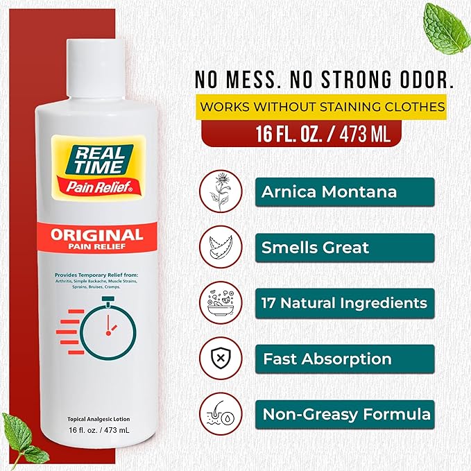 Real Time Pain Relief Cream 16oz Bottle | 17 Natural Ingredients: 1.25% Menthol, Arnica & MSM | Muscle Strain & Joint Discomfort Relief for Arthritis, Cramps, Sprains, Bruises, Hands, Back & Knee Pain