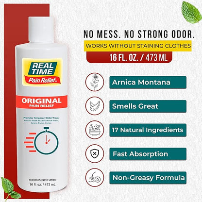 Real Time Pain Relief Cream 16oz Bottle | 17 Natural Ingredients: 1.25% Menthol, Arnica & MSM | Muscle Strain & Joint Discomfort Relief for Arthritis, Cramps, Sprains, Bruises, Hands, Back & Knee Pain