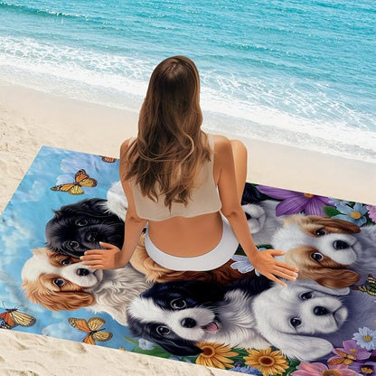 WZOMT Microfiber Dog Beach Towel, Cute Dog Bath Towels, Funny Puppy and Flowers Blue Pattern Print Towels for Kids Adults, Quick Dry Absorbent Pool/Swim/Travel/Yoga Towel, Oversized 32"x52"