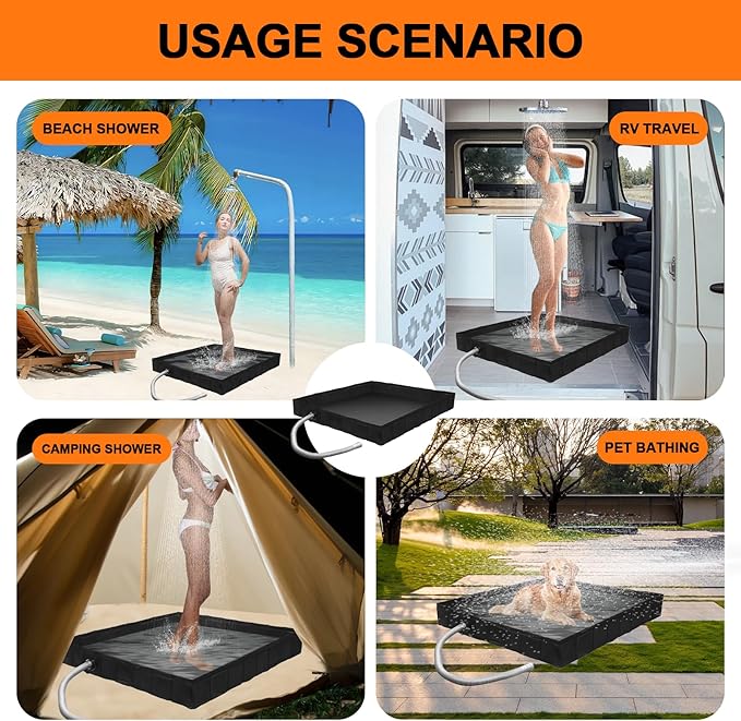 Portable Shower Base, Foldable Camping Shower Pan with Drain and Clamp to Keep Feet Clean Shower Basin Floor for Camping Showe, Beach, RV, Pte Bath Indoor Outdoor, 41" x 41" x 5"
