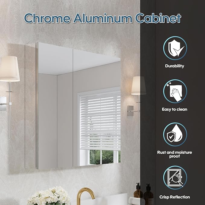 WELLFOR 32" x 30" Rectangle Medicine Cabinet Mirror, Surface Mount or Recessed Medicine Cabinet with Tempered Mirror, Anodized Chrome Aluminum Frame, Bathroom Mirror with Storage