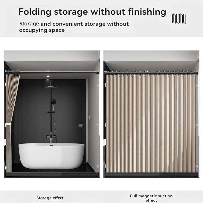 Bathroom Magnetic Folding Shower Curtain, Accordion-Style Shower Curtain, Suitable for Shower Rooms, bathtubs, Hotels or Apartments (Cream Color, W:70*H79.5Inch)