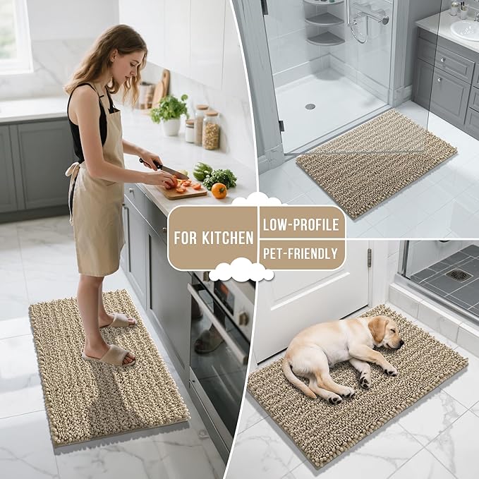 Yimobra Bathroom Runner Rug 70x24 Inch - Extra Long Non Slip Chenille Bath Mat, Soft & Absorbent, Machine Washable Shaggy Hallway Carpet for Vanity Tub Shower, Camel Home Decor Accessories