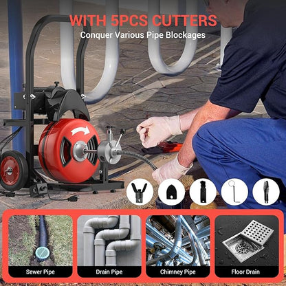 100Ft 1/2 Inch Cable Drain Cleaning Machine, 450W Auto Feed Portable Electric Sewer Snake, Electric Drain Auger with 4 Cutter Air-Activated Foot Switch for 2" to 4" Pipes