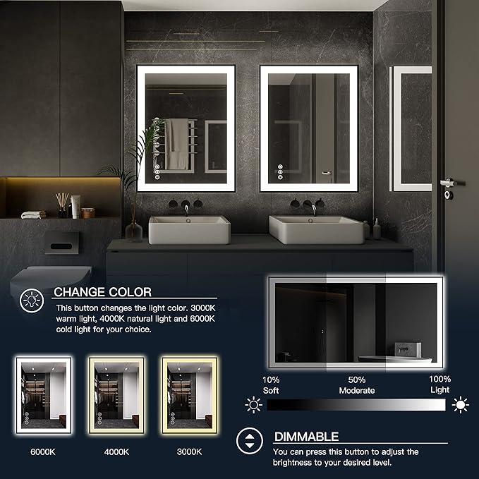 ISKM Framed LED Mirror for Bathroom 72"x32", Dimmable LED Bathroom Mirror with Lights, Anti-Fog, Front and Backlit Lighted Mirror 3-Colors, Shatterproof, Memory Function