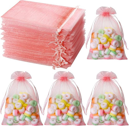 Hopttreely 100pcs Organza Bags, Pink 4''x4.72''(10x12cm) Satin Drawstring Organza Pouch Wedding Party Favor Gift Bag Jewelry Watch Bags