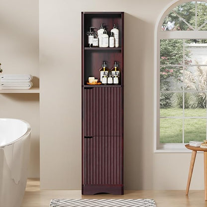 67" Tall Bathroom Organizer and Storage, Narrow Storage Cabinet with 2 Doors and 4 Shelves, Freestanding Floor Storage Unit,15.7" W x 11.8" D x 66.9" H, Walnut