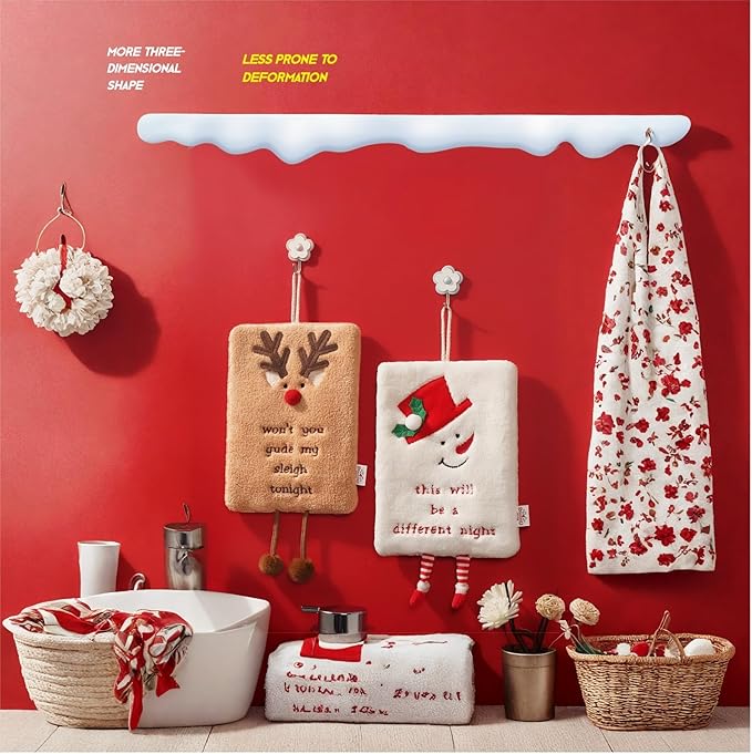 Cesqouc® 4pcs New Hand Towels with Hangable Linen and Christmas Decorative Feet with Christmas Patterns:Santa Claus,Witch Hat,Snowman,Elk for Bathroom/Kitchen/Living Room