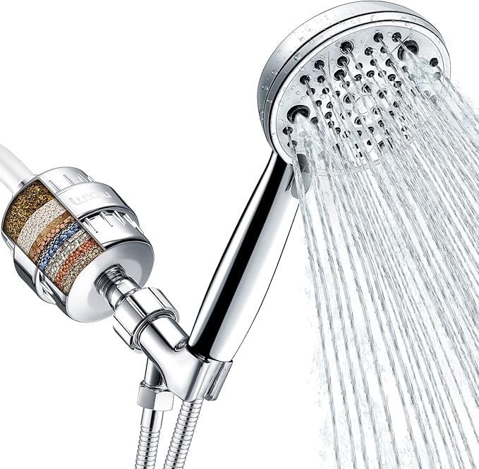 Filtered Shower Head Combo, Includes 20 Stage Shower Filter Head, High Pressure Handheld Spray Showerhead, Hose, Shower Arm Mount Holder, for Hard Well Water Chlorine, Chrome (S20)
