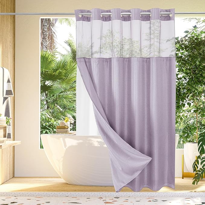 Gibelle No Hook Waffle Weave Shower Curtain with Snap-in Fabric Liner Set for Bathroom, Hotel Style with Mesh Top Window, Waterproof & Washable, Lavender, 72x74