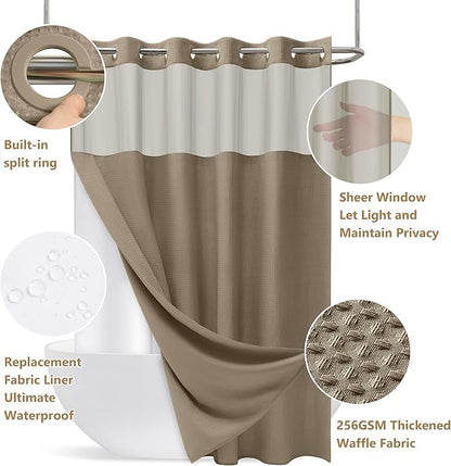 No Hook Waffle Weave Shower Curtain Set with Snap-in Fabric Liner and Mesh Top Window,256GSM Heavy Duty Fabric,Khaki Washable Luxury Shower Curtain for Bathroom Stalls (72x75 Inch)