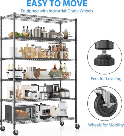 Homdox Heavy Duty Storage Shelves, 6 Tier Wire Shelving Unit with Wheels, Commercial Adjustable Metal Shelves for Storage, Garage Rack Pantry Shelves Kitchen Shelving, 18"x48"x82", Black
