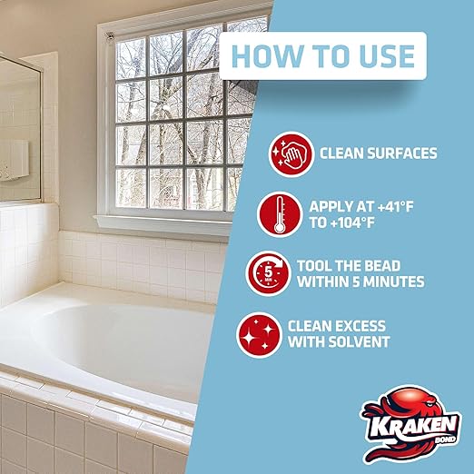 Kraken Bond Premium Kitchen and Bathroom Silicone Caulk White - (12x10.1 fl.oz) RTV White Caulking Silicone Waterproof for Kitchen, Bathroom, Shower, Sink, Anti Shrink 100% Silicone Caulking | 12 Pack