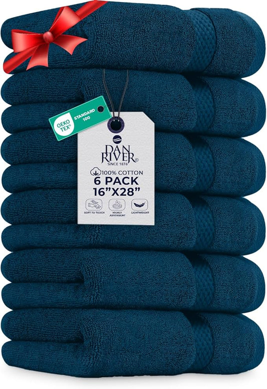 DAN RIVER 6-Pack Premium Hand Towels (16x28 Inches) - 100% Cotton, Ultra Soft, Lightweight, Highly Absorbent Towels for Bathroom, Spa, Gym, Salon, Hotel, and Travel - 550 GSM,Opal Blue