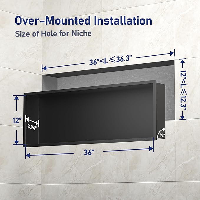 Stainless Steel Shower Niche 36" X 12" Matte Black No Tile Needed Horizontal Niche Shower Recessed Wall Niches for Bathroom Storage Over Mount Installation