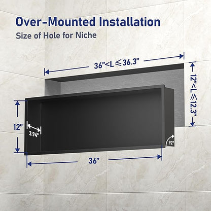 Stainless Steel Shower Niche 36" X 12" Matte Black No Tile Needed Horizontal Niche Shower Recessed Wall Niches for Bathroom Storage Over Mount Installation