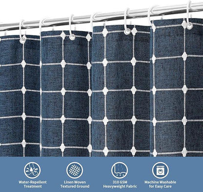 MitoVilla Navy Blue 36 x 72 Boho Small Stall Shower Curtain, Narrow Polyester Linen Fabric Shower Curtains for Farmhouse Bathroom Decor, Half Size Cloth Shower Curtain Set with Hooks