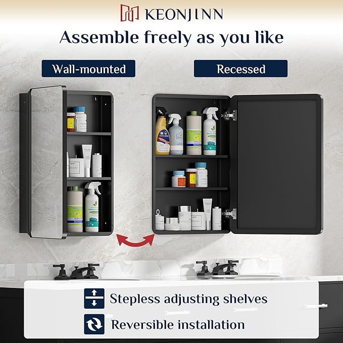 Keonjinn 15 x 36 Inch Black Slim Medicine Cabinets, Narrow Bathroom Medicine Cabinet with Mirror, Stainless Steel Framed, Adjustable Shelves, Recessed or Wall Mount, Soft Closing, Modern Farmhouse