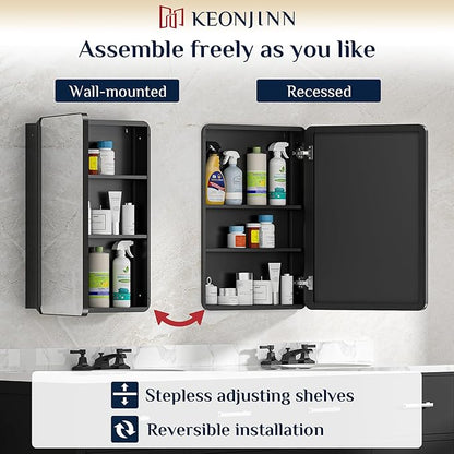 Keonjinn 20 x 32 Inch Black Mirrored Medicine Cabinet, Recessed Medicine Cabinets for Bathroom, Gloss Black Stainless Steel Framed, Adjustable Shelves, In Wall or Surface Mount, Sturdy & Heavy, Modern