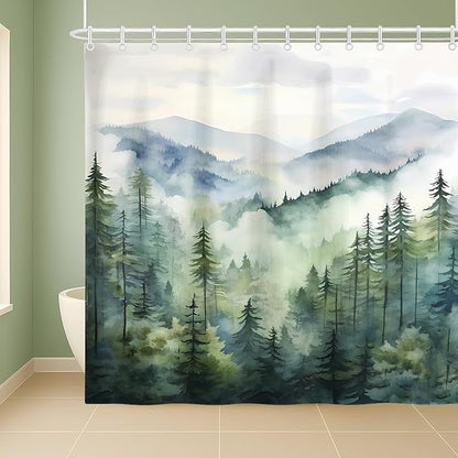 Coveted Goods 72" x 84" Mountain Forest Shower Curtain, Misty Pine Tree Landscape, Waterproof Polyester, Includes Grommets and Hooks, Machine Washable Nature-Inspired Bathroom Decor