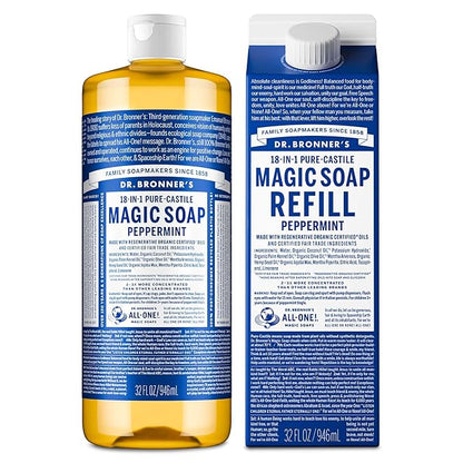 Dr. Bronner's Pure-Castile Liquid Magic Soap Bottle & Refill Carton - Made with Regenerative Organic Certified Oils- 18-in-1 Uses for Face, Body Wash, Hand Soap Refill- Peppermint, 32oz