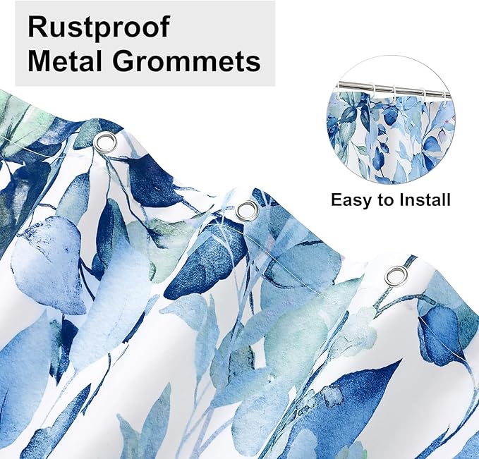 Colorful Star Blue Eucalyptus Waterproof Shower Curtain Set with Hooks, Minimalist Watercolor Floral Print Bathroom Décor, Plant Leaves Washable Fabric Shower Curtain, 72 x 72 Inch