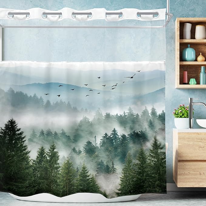 No Hook Green Shower Curtain with Snap in Fabric Liner，72Wx72H Inch Nature Mountain，Hookless Double Layer Shower Curtain and Liner Set，Pine Tree Scenery Waterproof Cloth Shower Curtains Washable