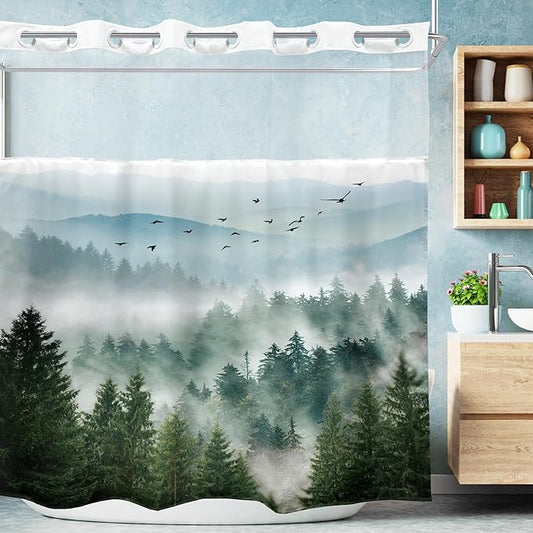 No Hook Green Shower Curtain with Snap in Fabric Liner，72Wx72H Inch Nature Mountain，Hookless Double Layer Shower Curtain and Liner Set，Pine Tree Scenery Waterproof Cloth Shower Curtains Washable
