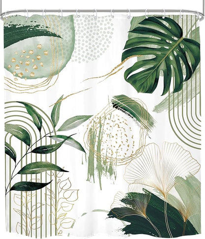 Sage Green Boho Shower Curtain Extra Long Modern Abstract Tropical Leaves Bohemian Gold Palm Leaf Mid Century 72Wx84H Bathroom Decor Geometric Plant Bath Curtain Fabric Polyester 12 Pack Hooks