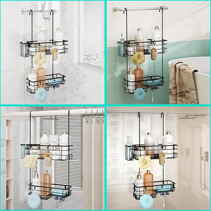 HapiRm Hanging Shower Caddy Organizer - No Drilling Shower Shelves with Hooks and Toothbrush Holder, Rustproof 304 Stainless Steel Bathroom Organizer - Black