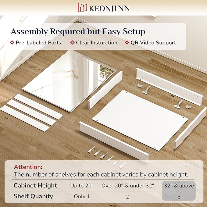 Keonjinn 48 x 32 Inch Large Medicine Cabinet Mirror, Assembly Required, White Bathroom Medicine Cabinets, Aluminum Framework, Adjustable Shelves, Tempered Glass, Soft Closing, Recessed or Wall Mount