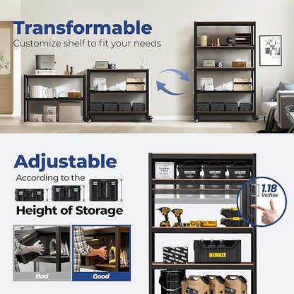 HOMEDANT House 48.1" 5-Tier Metal Rolling Cart Shelf Rack Casters Heavy Duty Laminated Wheel Shelving Unit Adjustable Utility Storage Shelves Shelf Kitchen Garage Black 1Pack