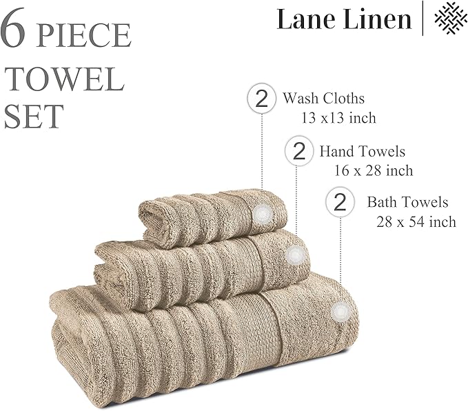LANE LINEN Bath Towel Set - Soft and Absorbent, Ribbed, 100% Cotton Towels for Bathroom, Hotel, Body & Spa - 2 Bath Towels Large Size, 2 Bathroom Hand Towel and 2 Wash Cloths (6 Piece Set) - Taupe