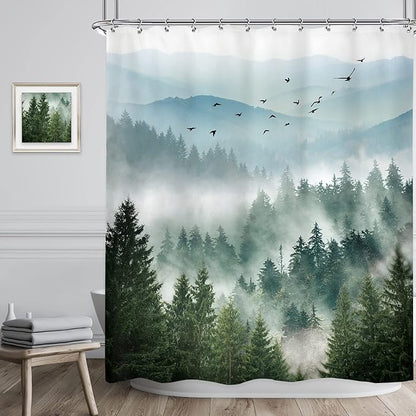 Riyidecor Rustic Green Mountain Shower Curtain for Bathroom Nature Woodland Tree Scenery Waterproof Cloth Fabric Shower Curtains，Alpine Landscape Natural Mens Bathroom Decor 12 Pack Hooks 60Wx72H Inch