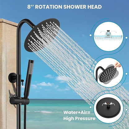 gotonovo SUS304 Outdoor Shower Fixture High Pressure Shower System Wall Mount 2 Dual Function Single Handle Shower Kit with 8 Inch Shower Head and Handheld Spray Shower Faucet Combo, Matte Black