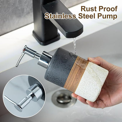 Dish Soap Dispenser Set with Silicone Funnel, Hand Soap, Shampoo, Body Wash, Ceramic Liquid Soap Dispenser for Kitchen and Bathroom Countertops, Stainless Steel Pump, Non Slip, 12 Oz, Black