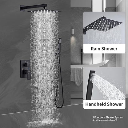 Shower Faucet Set with Brass Durable Trim, 10 Inch Square Rainfall Shower Head, High Pressure Handheld Shower, Easy-Clean Silicone Nozzles, Wall Mounted Black Shower System