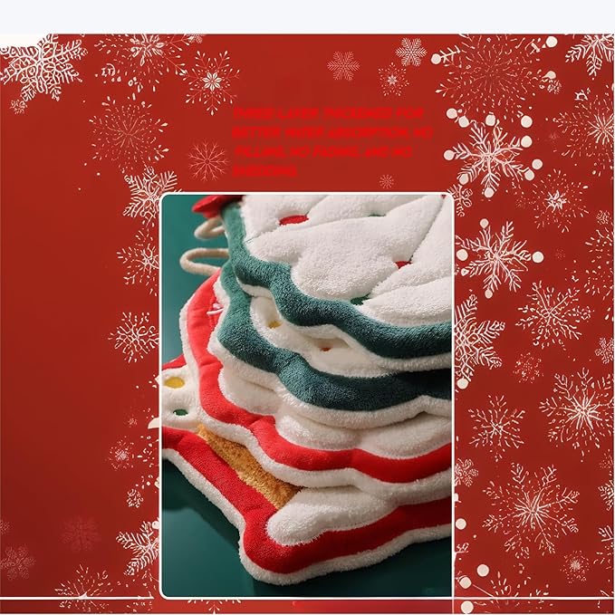 Cesqouc® 4pcs New Cute Style Hangable Hand Towels with Christmas Patterns:Christmas House,Santa Claus,Christmas Tree,Christmas Elk Patterns for Bathroom/Kitchen/Living Room/Children's